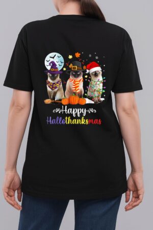 Siamese Cat Halloween Merry Christmas Happy Hallothanksmas Woman T-Shirt