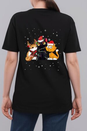 Three Cat Christmas Funny Kitty Santa Hat And Lights Gifts Woman T-Shirt