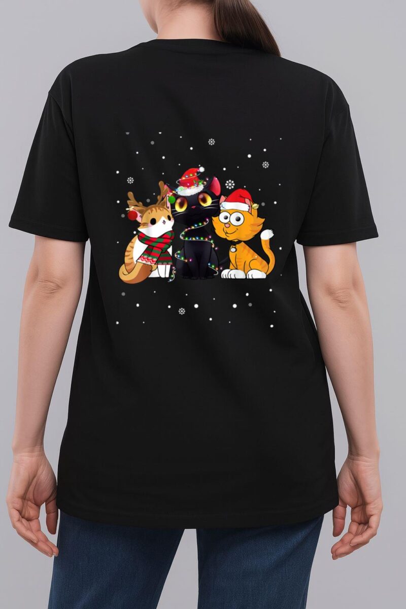 Three Cat Christmas Funny Kitty Santa Hat And Lights Gifts Woman T-Shirt