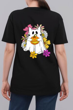 Vintage Floral Ghost Cat Halloween Graphic Woman T-Shirt