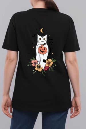 Vintage Floral Halloween Cat Ghost Pumpkin Auntum Women Kids Woman T-Shirt