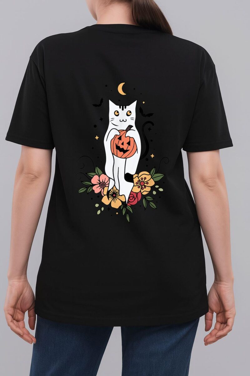 Vintage Floral Halloween Cat Ghost Pumpkin Auntum Women Kids Woman T-Shirt