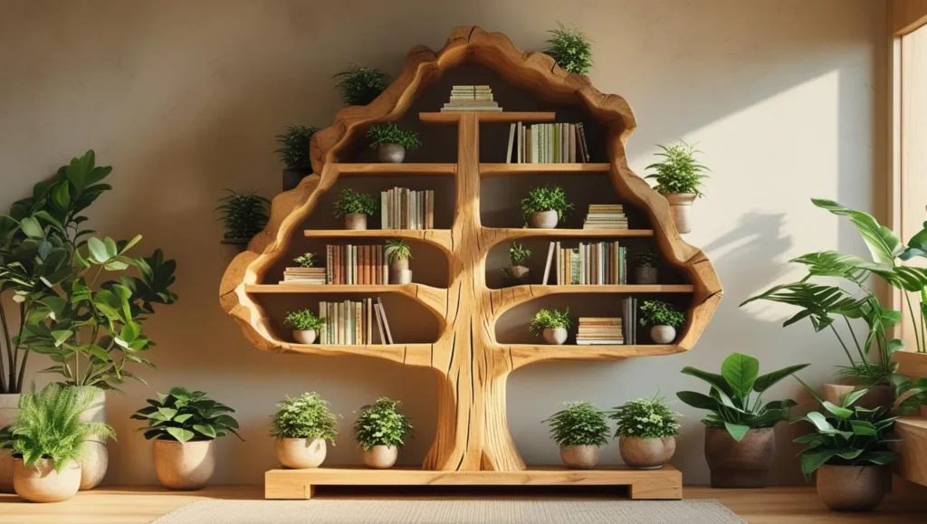 Handmade wooden tree bookshelf by Flixpew, filled with books and plants, rustic natural design as a centerpiece in modern living room